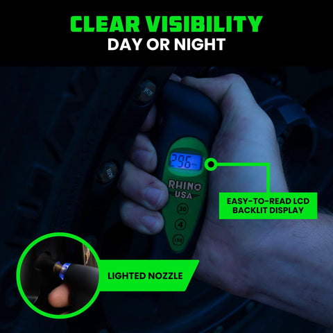 Rhino USA digital tire pressure gauge, green handheld with LCD backlit display and lighted nozzle.