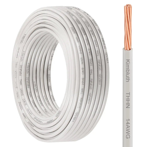 THHN Wire 14 Gauge 50 Ft Stranded Copper Wire White Nylon Jacket Building Wire For Residential Commercial CNC Ground And Industrial Use Ideal For Home Upgrades And Pro Projects, rolled 50 ft wire with copper core.