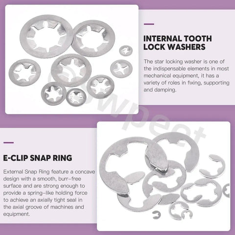 Internal tooth lock washers and E-clip snap rings from 236 Piece 304 Stainless Steel E Clips And Internal Tooth Lock Washers Kit With Tweezers For Gear Repair An All In One Assortment Of E Clips Lock Washers Snap Rings Circlips And More For DIY Projects And Handy Gear Fixes.