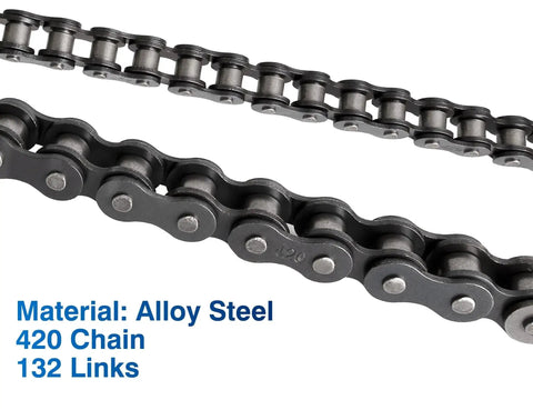Heavy Duty 420 Motorcycle Chain Kit With 132 Links And Chain Breaker For 50cc 70cc 90cc 110cc And 125cc Dirt Bikes ATVs Go Karts Scooters Mini Bikes Includes 10 Free Master Links And Premium Alloy Steel Construction For Long Lasting Performance, showing close-up of alloy steel chain links.