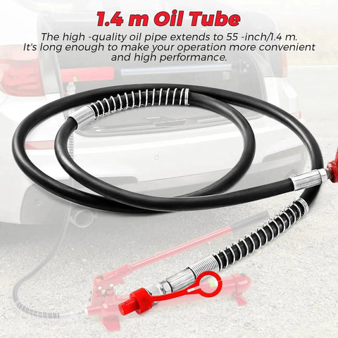 1.4 m oil tube from 12 Ton Hydraulic Jack Kit With 55 Inch Hose For Heavy Duty Vehicle Frame Repair shown coiled with detailed view