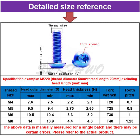 Size reference chart for Titanium Alloy Socket Head Cap Screws Set In Ti 6Al 4V Aviation Grade With Blue Purple Anodized Finish M4 M5 M6 M8