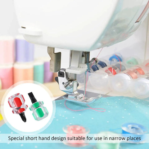 Close-up of sewing machine needle with colorful bobbins and thread, featuring short hand design tool for narrow spaces use.