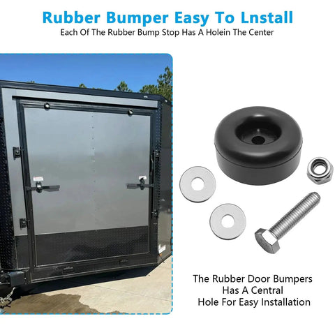 Heavy Duty 2.5 Inch Round Rubber Bumpers With Screw Kit For Trailer Ramp Doors Durable Bump Stops For Air Compressors Pumps Generators And Pressure Washers Multi Purpose Protective Door Bumpers 4 Pack, shown with installation accessories and trailer door