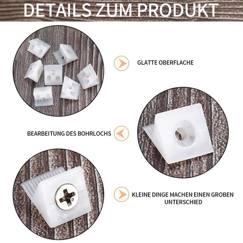 120 Pcs Drawer Bottom Support Brackets With Screws Plastic Drawer Wedges And Corner Brackets Repair Kit details shown on wood surface