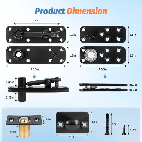 Heavy Duty Hidden Door Hinge Kit With 570 Lbs Load Bearing, 360 Degree Swing Pivot Hinge dimensions and components visualization.