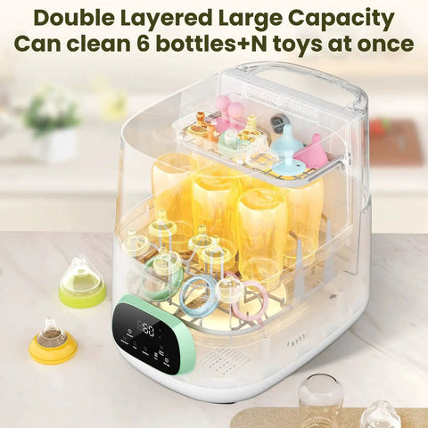MOLWAY Upgraded Bottle Washer Pro front view with transparent lid and 6 baby bottles on rack