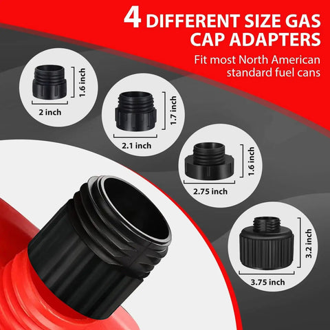 Portable Fuel Transfer Pump Auto Stop 3.2 GPM 4 Adapters Battery Or USB Power showing four gas cap adapters