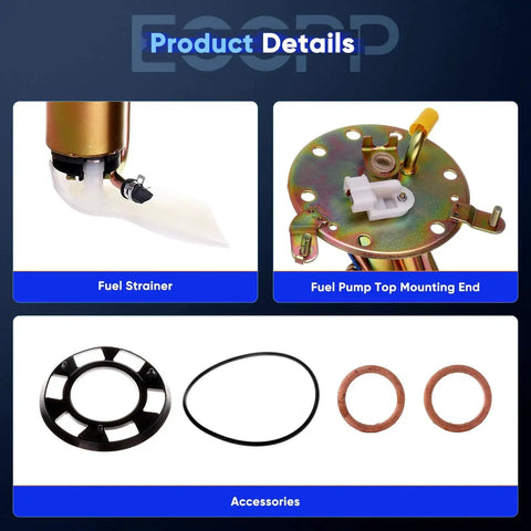Product details of Plug And Play Fuel Pump Module Assembly With Sending Unit For Honda Accord 1990 1991 1992 1993 2.2L L4 Gas Engine Direct Fit Replacement Easy Install showing fuel strainer, top mounting end, and accessories