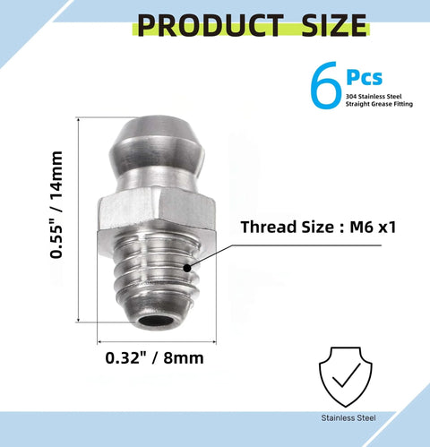 Grease fittings: 6 pcs, 304 stainless steel, straight M6x1 thread with dust caps