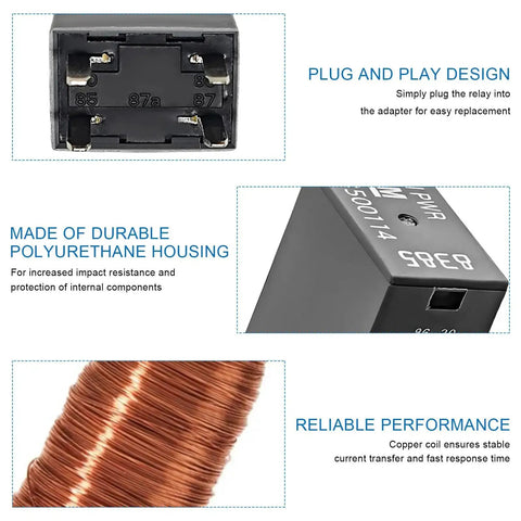 Close-up of Two Pack 12V Car AC Relay 40A 4 Pin Quick Connect High Power Auto Relay, showcasing plug and play design and copper coil.