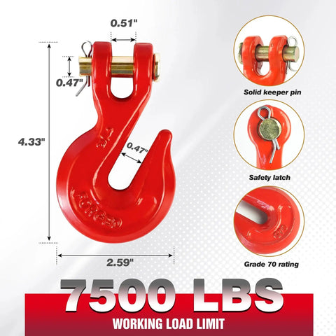 3/8 Inch Clevis Grab Hooks 4 Pack Heavy Duty Grade 70 Forged Steel 7500 Lbs WLL - red hook with dimensions and features