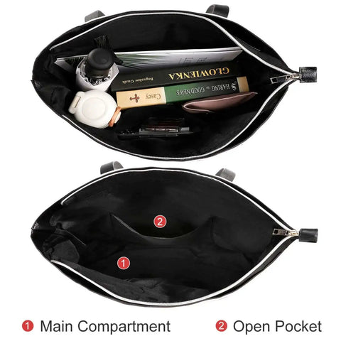 Everyday Leather Tote For Men And Women, Large Capacity Shoulder Bag With Zipper, Lychee Grain Leather, interior compartments view