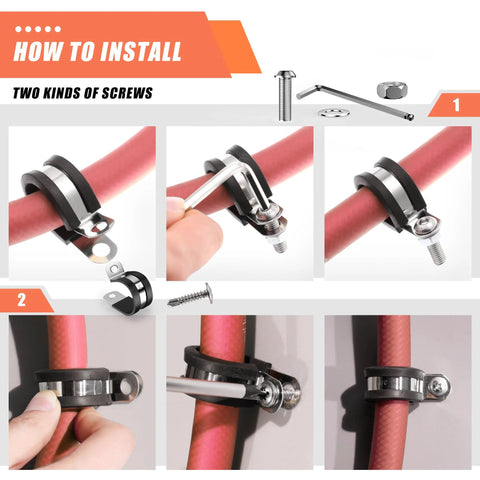 WYSIWYKA 60pcs cable clamps kit in 10 sizes with rubber-cushioned stainless P-clamps installation guide images