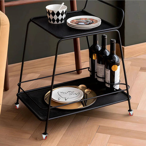 Metal cart with rigid 1 inch caster wheels set for furniture, two shelves holding dishes and bottles, non swivel fixed plate casters visible