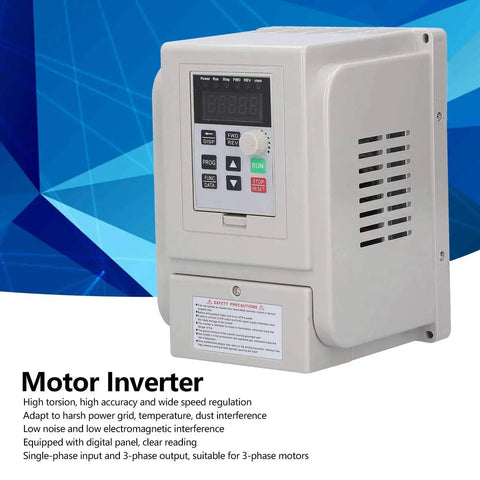 110V VFD Inverter 1500W for motors from single phase to three phase speed control, front view with control panel and features listed