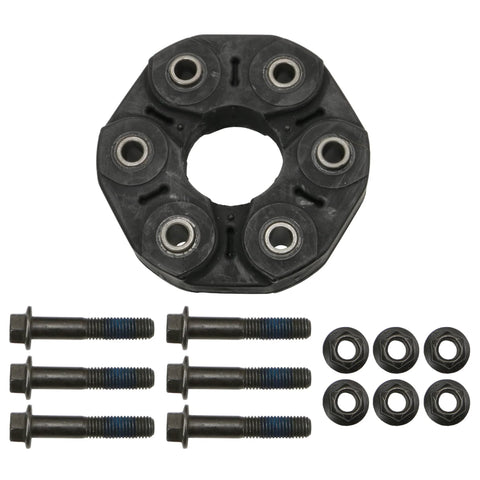MOOG 670 steering shaft flex coupling disc, black circular hub with six bolt holes; includes six bolts and six nuts