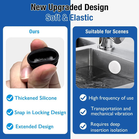 Comparison of 4 Pack Silicone Plugs showing hand holding black plug and white plug in sink, with snap in locking design focus.