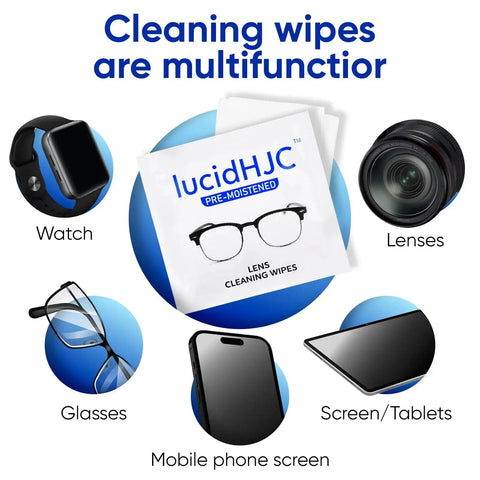 Infographic showing uses of Multiuse Lens Wipes for glasses, cameras, watches, and screens, with lenses and a packet of wipes.