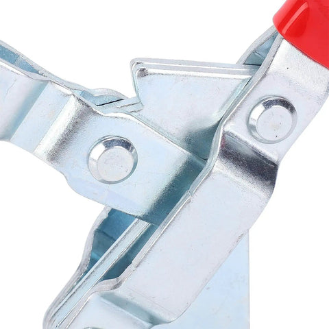 Close-up view of Beefy Heavy Duty Iron Galvanized Toggle Clamp With 180kg Clamping Force showing metal construction and red handle.