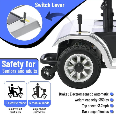 Close-up of back wheel and switch lever of Four Wheel Electric Mobility Scooter for Adults and Seniors, 250W Motor, 24V Battery.