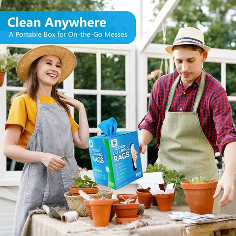 Gardeners with Blue Microfiber Cleaning Cloths 100 Pack 11x9 Inches Ultra Absorbent Lint Free in a portable box