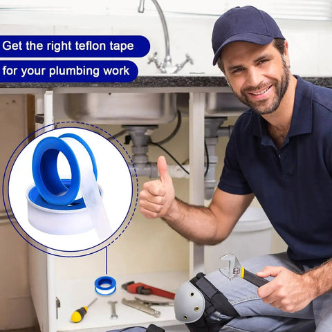 Plumber using 100 Rolls PTFE Tape One Half Inch By 520 Inches For Plumbing Sealant Waterproof Leak Proof Sealing Tape, Great For Shower Heads, Water Pipes, And DIY Repairs, White.