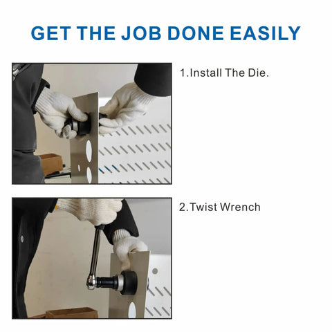 Heavy Duty Manual Knockout Punch Kit demonstration with 1/2 to 1-1/4 inch die for sheet metal using wrench tool