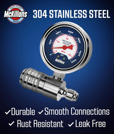 Power washer pressure gauge by McKillans, stainless steel, 3/8-in quick-connect, measures PSI and MPa up to 6000 PSI.