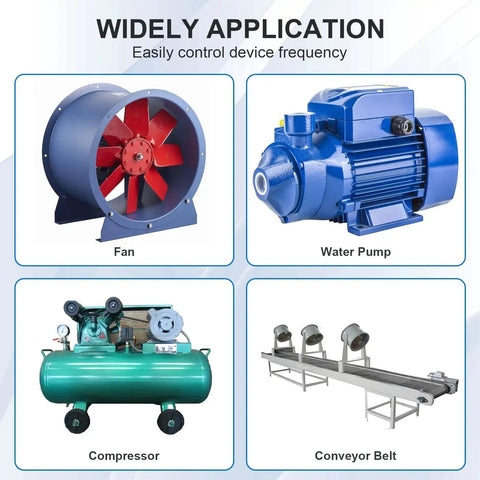 VFD Inverter Frequency Converter For Motor Speed Control used in fan, water pump, compressor, and conveyor belt applications.