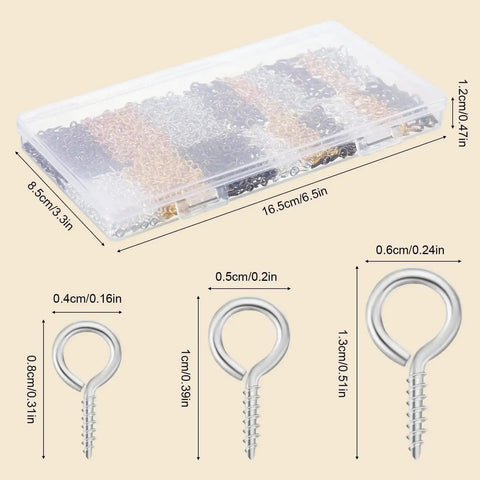 600 Pieces Screw Eye Pins Hooks Set In 6 Colors And 3 Sizes 4x8mm 5x10mm 6x13mm showing assorted colors and box dimensions