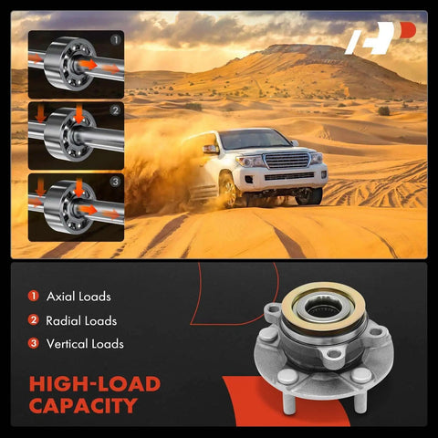Two Front Wheel Bearing And Hub Assembly 5-Lug Compatible With Nissan Rogue 2008-2013 showing load capacities with SUV in desert