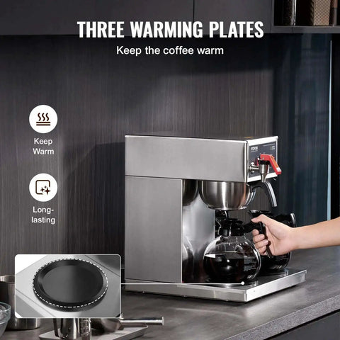 12 Cup Commercial Drip Coffee Maker With 3 Glass Carafes And 3 Warmer Plates, Stainless Steel Pour Over Brewer in use