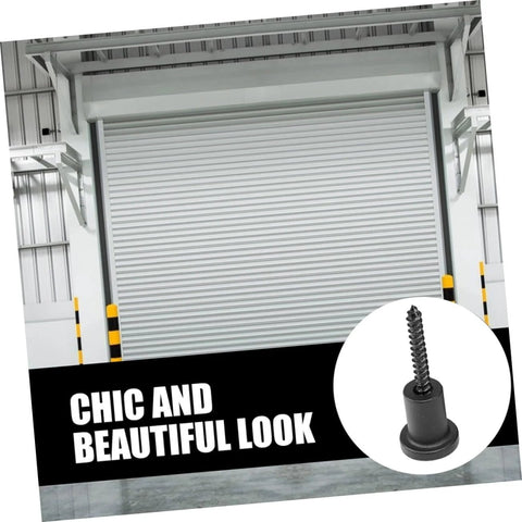 Industrial garage door with a 'Chic and Beautiful Look' caption and a close-up of a black screw accessory.