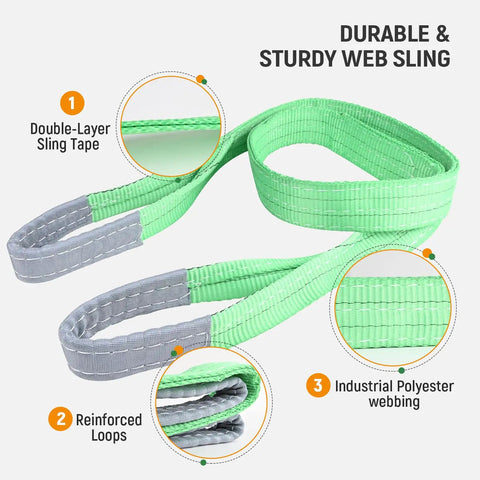 Two-pack green polyester lifting sling straps, 3.3 ft x 2 in, eye-to-eye with reinforced loops.