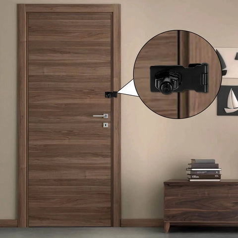 Two Pack 2.5 Inch Hasp Lock With Keys Flat Black Stainless Steel Cabinet Latch installed on a wooden door