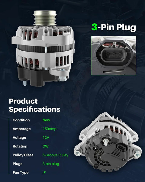 Plug-And-Play Alternator Replacement For Kia Sorento 2.4L 2012-2014, Optima 2.0L to 2.4L 2014-2015, Hyundai Sonata 2.4L 2014, Santa Fe Sport 2.0L to 2.4L 2013-2016 Replaces OE 37300-2G855 37300-2G800 37300-2G850 373002G800 showing product specifications and plug