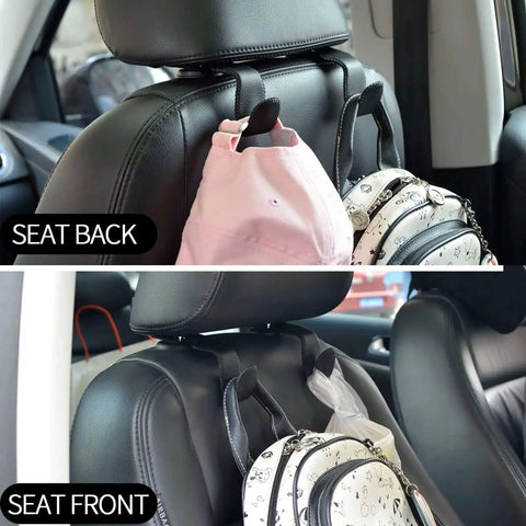 Universal Back Seat Headrest Hooks holding bags in car; microfiber leather and stainless steel; prevents scratches, keeps tidy.