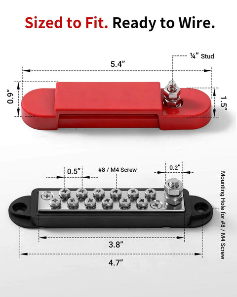Red and black 12V 150A Power Distribution Block Bus Bar with 1/4 inch stud terminal and snap lock cover, dimensions labeled.