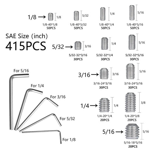 Complete Set Screw Kit 1000 Piece Cup Point Grub Screws With Internal Hex Drive Stainless Steel 304 Metric And SAE Range M3 To M8 And 1 Eighth Inch To 5 Sixteenth Inch Threads Built To Last For Permanent Or Semi Permanent Installations - SAE size screws and hex wrenches shown