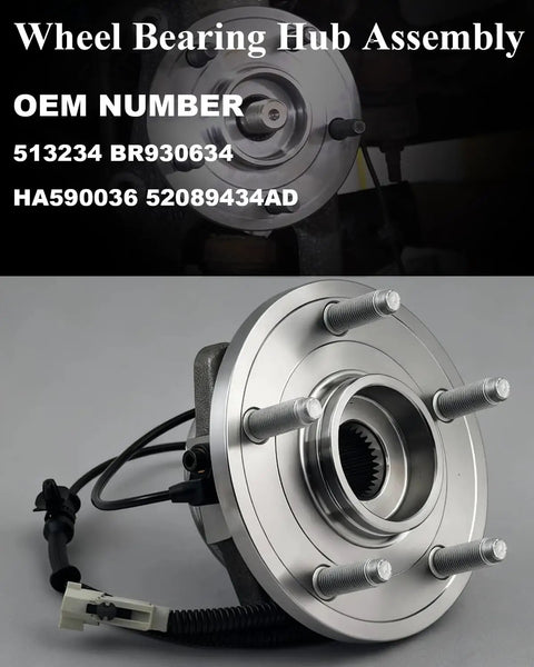 2Pcs Front Wheel Bearing And Hub Assembly For 2005-2010 Grand Cherokee And 2006-2010 Commander With ABS 5 Lug Wheel Hub Replacement Kit Beefed Up Durability Easy Install Direct Fit Front Axle on a gray background, displaying a close-up view of the metal hub and bearings with attached wiring.