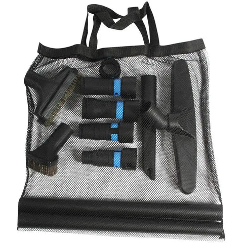 Mesh bag containing Sixteen Foot Flexible Vacuum Hose For Home And Shop Use With Multi Brand Dust Collection Adapters and attachment kit.