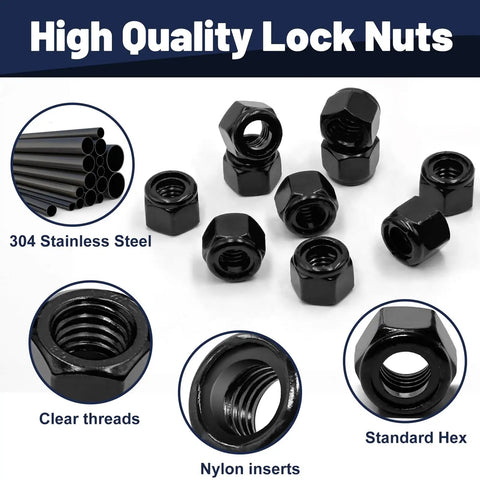 Quarter Inch Twenty Nylon Insert Lock Nuts 65 Pieces Black Oxide 304 Stainless Steel Nylock Nuts With Coarse Thread for Anti Loosening in Mechanical and DIY Projects by ZQZ