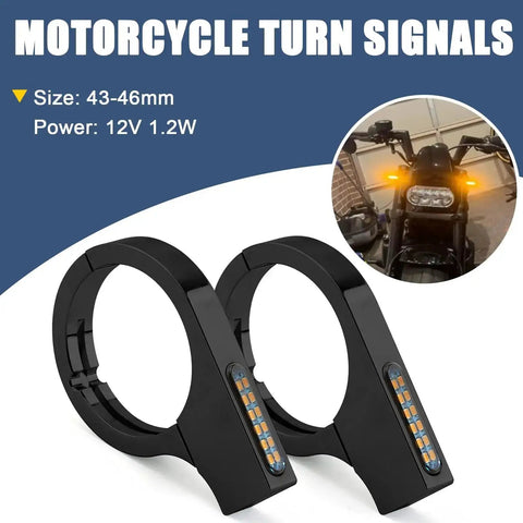 Universal 43 46mm Front Fork LED Turn Signals for Motorcycles 12V Amber Indicator Lights with Clamps, shown with installed view.