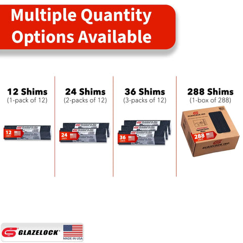 Prescored Plastic Shims For Leveling 12 Pack Quick Snap Wedges To Level Doors Windows Cabinets Toilet Shims DIY Friendly shown in various pack sizes, including 12, 24, 36, and 288 shims. Made in USA.