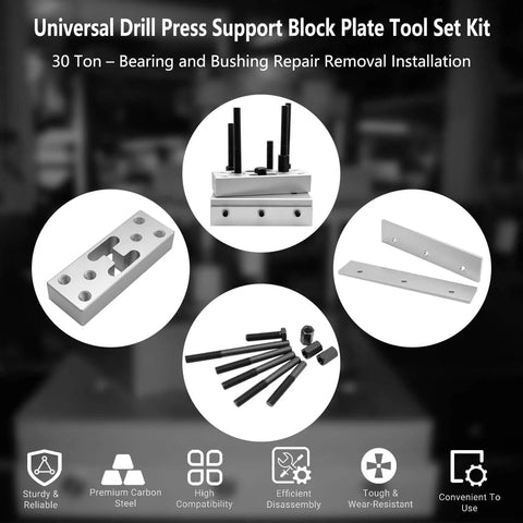 Universal Drill Press Support Block Plate Tool Kit For Heavy Duty Bearing And Bushing Repair Removal And Installation 30 Ton Capacity Adjustable Swivel Base With Multiple Threaded Holes For Horizontal Or Vertical Mounting All Purpose Plate displayed with components in circles