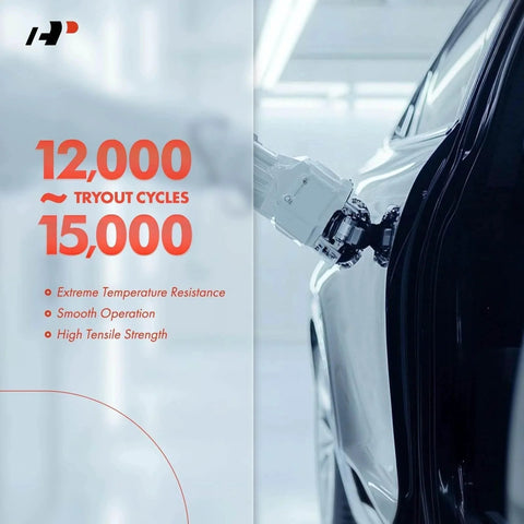 Car door being tested by robotic arm in automotive facility.