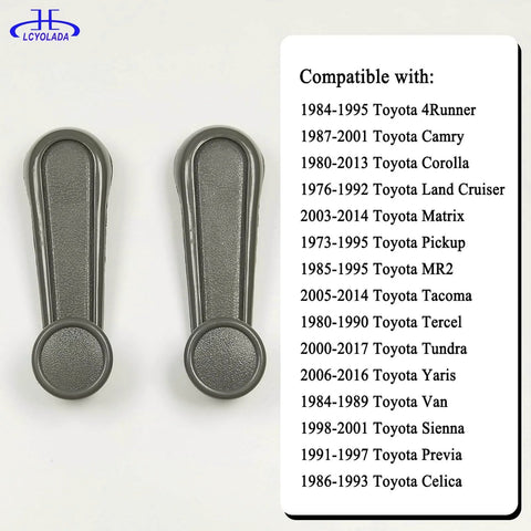Two textured gray interior window crank handles for Toyota vehicles, list of compatible models from 1973 to 2017 shown on side