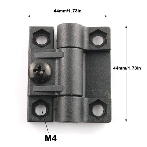 Front view of a 4 Pack Black Nylon Adjustable Torque Hinge for Cabinets with dimensions and mounting holes visible.