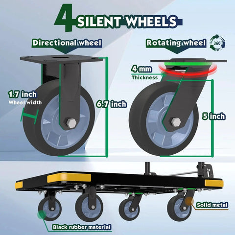 Diagram of foldable platform cart with 1323 pound capacity, showcasing directional and rotating wheel system.